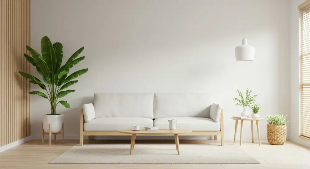 Salon moderne et minimaliste avec des plantes.