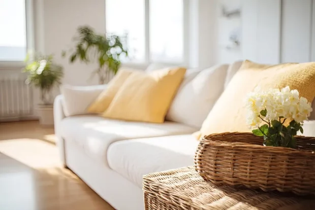Un salon baigné de soleil comprend un canapé blanc orné de coussins jaunes, un panier en osier contenant des fleurs blanches et une petite table d'appoint en osier.