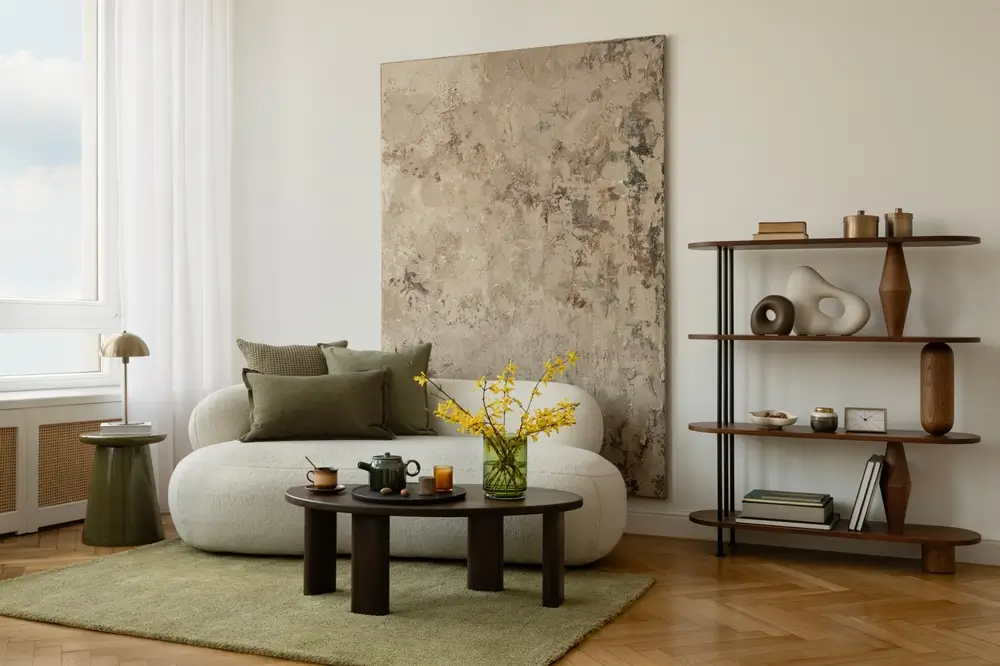 Salon minimaliste avec des œuvres d'art aux tons verts, une lampe sculpturale, un canapé blanc confortable et une table basse ronde ornée d'un décor aux tons chauds et de branches d'eucalyptus.